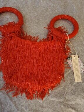 Red Fringe Beaded Handbag with Round Handles